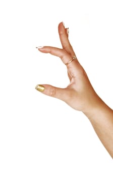 A arm with the hand showing one inch in size for white background.