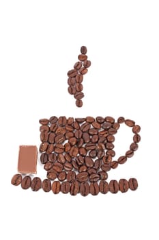 Cup of coffee made of coffee beans with piece of chocolate, isolated on white
