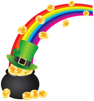 St Patricks Day Irish Leprechaun Hat with Rainbow on Pot of Gold Coins Illustration Isolated on White Background