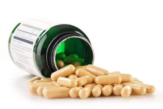 Composition with dietary supplement capsules. Drug pills