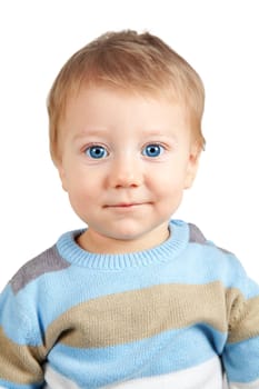 Closeup portrait of a sweet little adorable child over white background