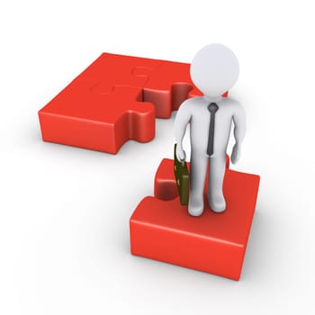3d businessman is standing on puzzle piece separated from others