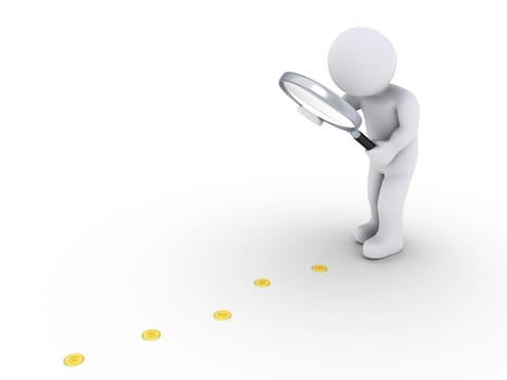 3d person holding a magnifier is looking at coins on the ground