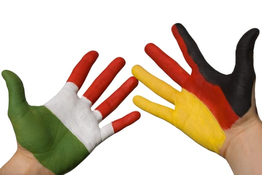 a german and an italien hand on white