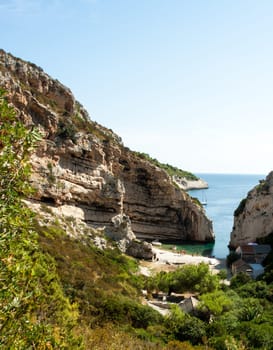 Scenic landscape about Stiniva bay in vis island