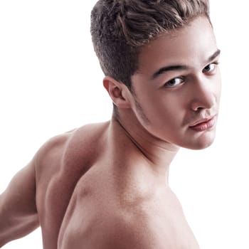 Young handsome man shirtless looking aside