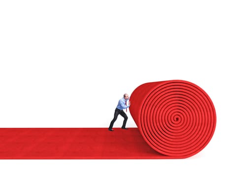 man roll huge red carpet isolated on white