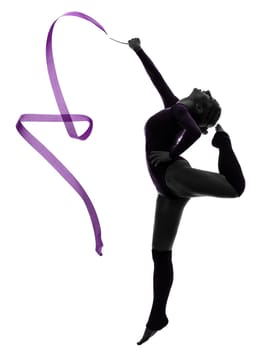 one caucasian woman exercising Rhythmic Gymnastics with ribbon  in silhouette studio isolated on white background