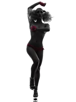one caucasian sexy woman topless with pink underwear in silhouette studio isolated on white background