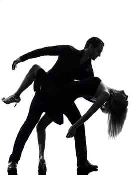 one caucasian couple woman man dancing dancers salsa rock  in silhouette studio isolated on white background