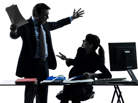 one caucasian business woman man couple dispute conflict  in silhouette studio isolated on white background