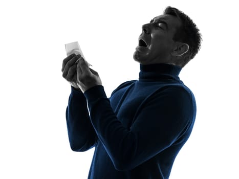 one caucasian man sneezing portrait in silhouette studio isolated on white background