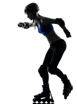one caucasian woman in roller skates  silhouette studio isolated on white background