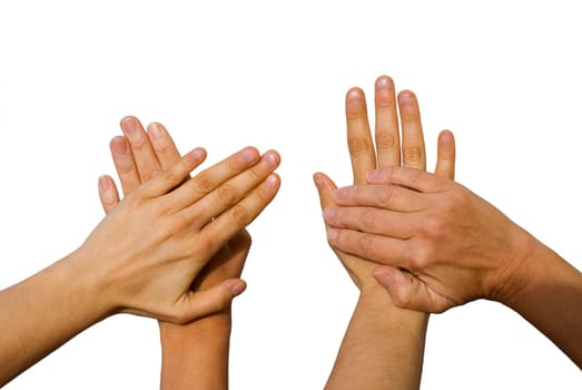 four european looking hands up in the air, isolated