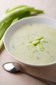 Fresh hot leek soup close up shoot