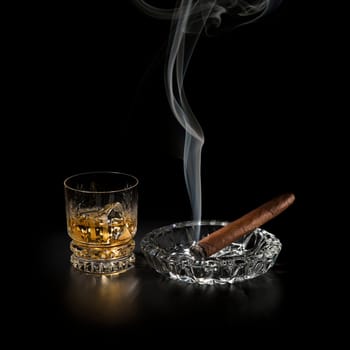 Whiskey and smoking cigar on black background close up