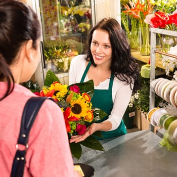colorful bouquet florist woman selling customer flower shop store