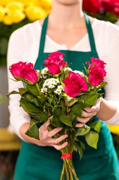 Female holding bouquet flowers pink roses flower shop