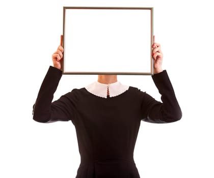 Businesswoman holding white blank frame