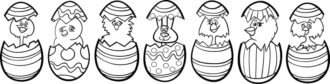 Black and White Cartoon Illustration of Six Little Chickens or Chicks and one Easter Bunny in Colorful Eggshells of Easter Eggs for Coloring Book