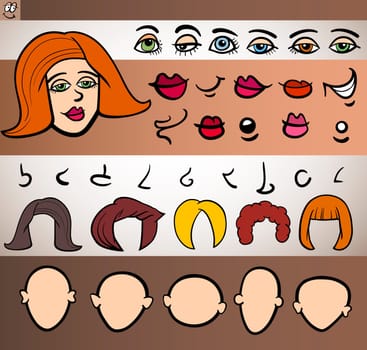 Cartoon Illustration of Funny Woman Face Elements such Eyes, Lips, Noses, Heads and Hair for Animation or Application