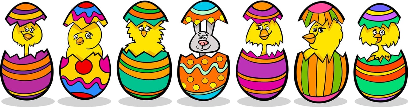 Cartoon Illustration of Six Little Yellow Chickens or Chicks and one Easter Bunny in Colorful Eggshells of Easter Eggs