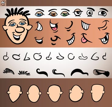 Cartoon Illustration of Funny Man Face Elements such Eyes, Mouth, Noses, Heads and Hair for Animation or Application