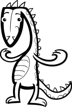 Black and White Cartoon Illustration of Funny Lizard or Dinosaur or Fantasy Dragon for Coloring Book