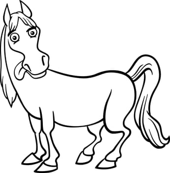 Black and White Cartoon Illustration of Funny Horse Farm Animal for Coloring Book