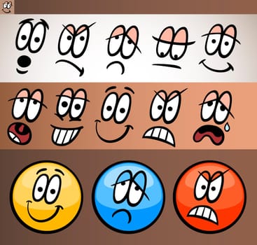 Cartoon Illustration of Funny Emoticon or Emotions and Expressions like Sad, Happy, Angry or Skeptic