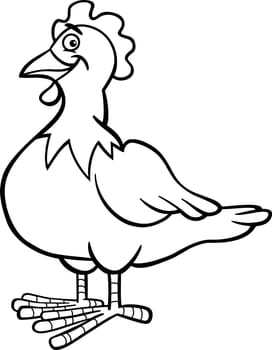 Black and White Cartoon Illustration of Funny Hen or Chicken Farm Bird Animal for Coloring Book