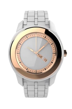 White ceramic wristwatch with pink gold elements, isolated on white