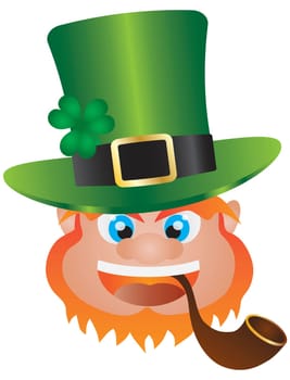St Patricks Day Irish Leprechaun Head with Hat and Smoking Pipe Isolated on White Background Illustration