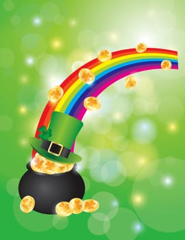 St Patricks Day Pot of Gold and Leprechaun Hat with Sparkles and Bokeh Background Illustration