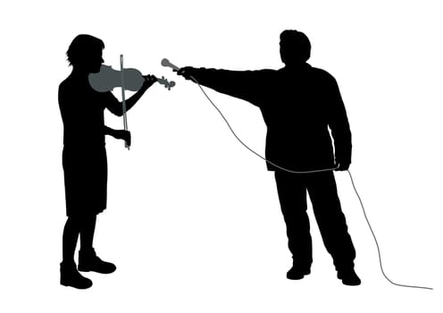Illustration of an interview with female violinist musician or recording music sound. Isolated white background.