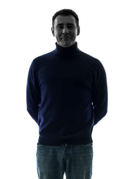 one caucasian man smiling friendly  portrait in silhouette studio isolated on white background