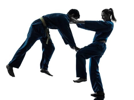 one  man woman couple exercising karate vietvodao martial arts in silhouette studio isolated on white background