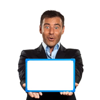 one caucasian business man holding showing whiteboard in studio isolated on white background