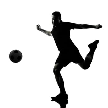 one man soccer player in studio silhouette isolated on white background