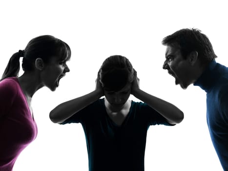 one caucasian family father mother daughter dispute screaming  in silhouette studio isolated on white background