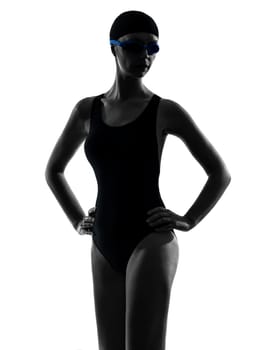 one caucasian woman competition swimmer portrait  in silhouette studio isolated on white background