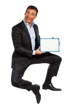 one caucasian business man  jumping holding showing whiteboard in studio isolated on white background