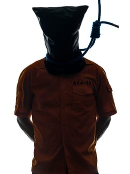 one caucasian criminal man with hangman noose around the neck  in silhouette studio isolated on white background