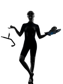 one caucasian woman snorkeler swimmer in silhouette studio isolated on white background