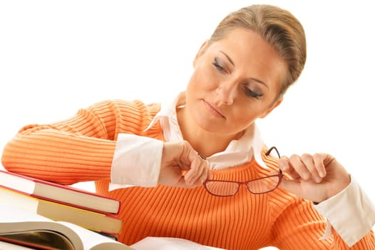 Young woman reading a book. Female student learning