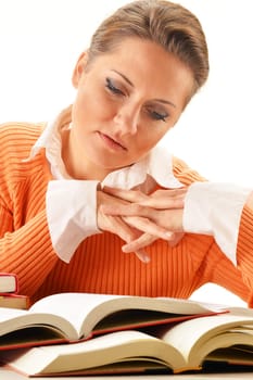 Young woman reading a book. Female student learning