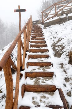 stairs with snow in winter in emilia Romagna Apennines