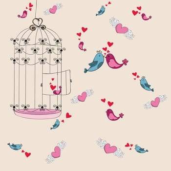 Valentine day spring bird and cage love background. Vector illustration layered for easy manipulation and custom coloring.
