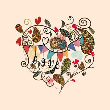 Valentine day cute heart with plants and owls couple card background. Vector illustration layered for easy manipulation and custom coloring.