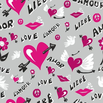 Valentine day love elements seamless pattern. Vector illustration layered for easy manipulation and custom coloring.